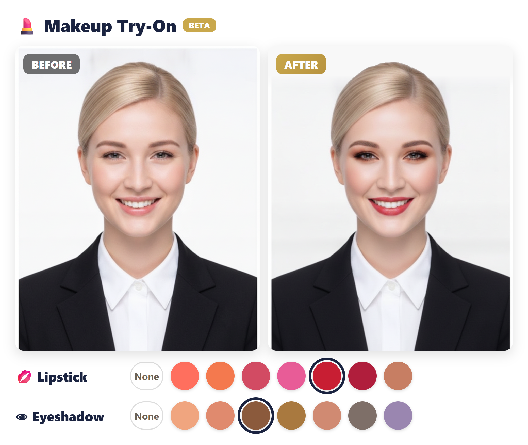 Makeup try-on — lip and eyeshadow before/after